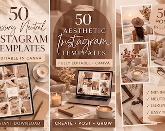 50 Neutral Instagram Templates | Minimal Luxury Branding (Canva Download)