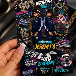 May include: A 90s-themed birthday invitation with a vibrant design. The invitation features a photo of a man in a tracksuit, along with cassette tapes, a boombox, and the text "Birthday Bash" and "Jeremy's 40th Birthday!"