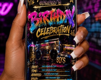 80s Hip Hop Birthday Invitation, Retro Graffiti Party Invite (Digital Download)
