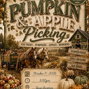 May include: A digital invitation for a pumpkin and apple picking event featuring a horse-drawn wagon, a rustic barn, and autumn foliage. The text reads: You're invited to Pumpkin & Apple Picking, October 1st, 2026, 3:00pm, Your location, 123-456-7890.