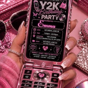 May include: A pink Motorola flip phone with rhinestone-encrusted edges and a digital screen displaying a Y2K birthday party invitation for Emma. The screen features text details including date, time, location, and RSVP information in a black interface.