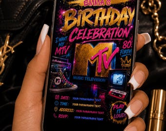 MTV 80s Birthday Invitation Template | Retro Graffiti Party Invite (Digital Download)