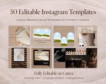 50 Editable Instagram Templates | Luxury Neutral Branding Kit (Digital Download)