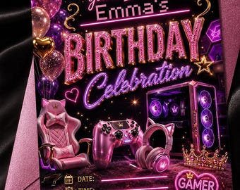 Gamer Girl Birthday Invitation, Pink Neon Gaming Party, Editable Canva Template (Digital Download)