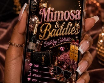 Mimosas & Baddies Birthday Invitation | Pink Gold Brunch Party Template (Digital Download)