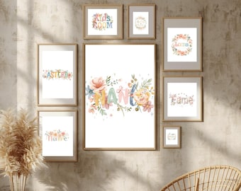 Kids Room Floral Name Art Bundle, Editable Nursery Wall Art, Personalized Floral Name Print Set, Girls Room Decor, Printable Art Pack