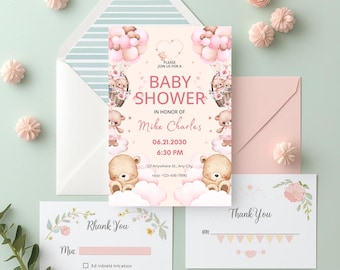 Teddy Bear Baby Shower Invitation, Gender Neutral, Editable Card (Printable Template)