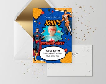 Super Hero Birthday Party Invitation, Editable Kids Superhero Invite, Comic Theme Birthday Template, Digital Party Card, Printable Invite