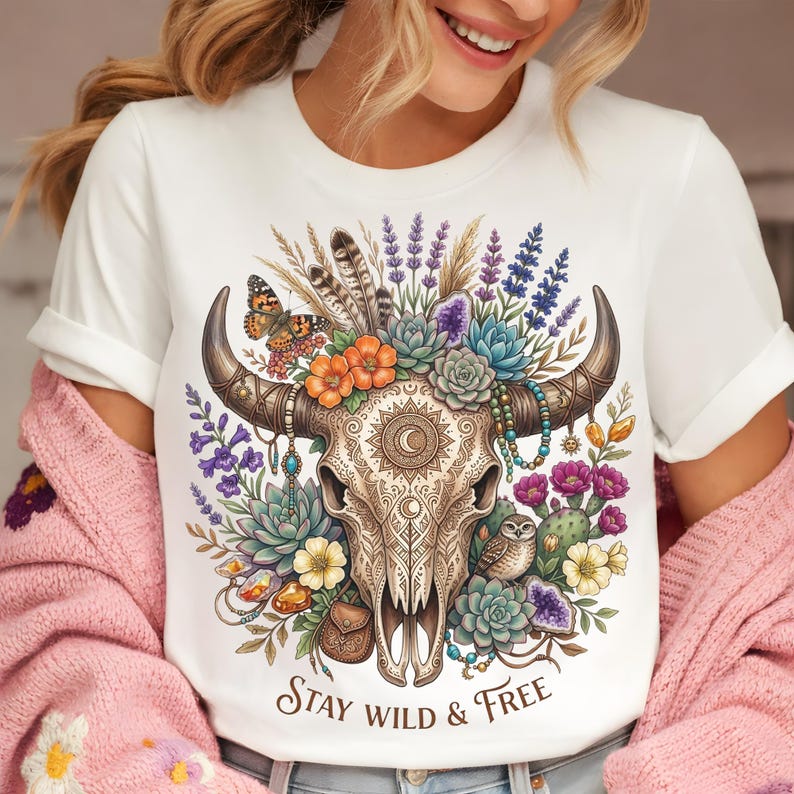 May include: White t-shirt featuring a detailed illustration of a cow skull adorned with flowers, feathers, and a butterfly. The design includes the text "Stay Wild & Free" in a decorative font. The shirt has short sleeves.