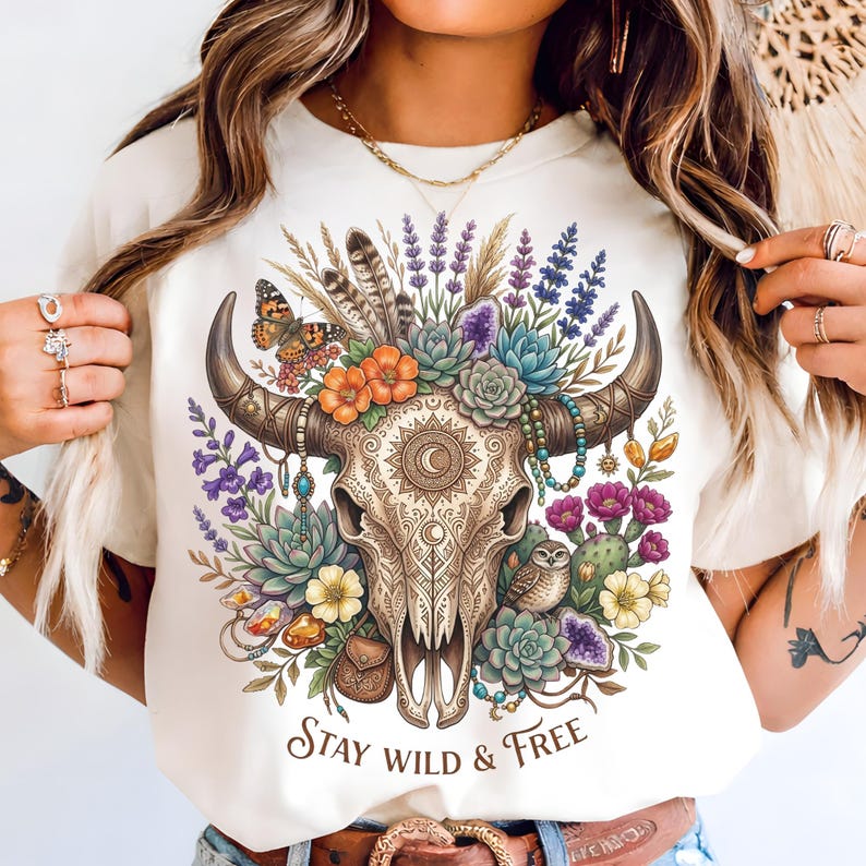 May include: Cream-colored t-shirt featuring a detailed illustration of a bull skull adorned with flowers, feathers, and a butterfly. The design includes the text "Stay Wild & Free" in a decorative font, perfect for a bohemian style.