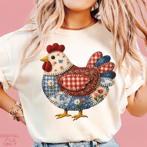 Patchwork Chicken PNG, Floral Retro Hen PNG, Cottage Core Gingham Spring PNG, Sublimation Digital Download, Patchwork Chicken Easter Png