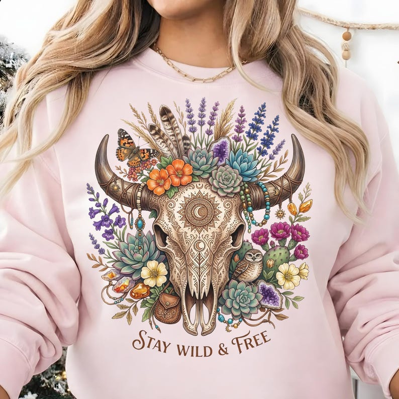 May include: A light pink sweatshirt featuring a detailed illustration of a cow skull adorned with flowers, feathers, and a butterfly. The design includes the text "Stay Wild & Free" in a decorative font. The overall theme is bohemian and nature-inspired.