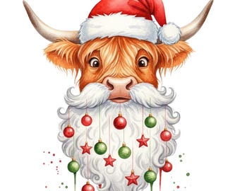 Funny Highland Cow Christmas Clipart, Festive Watercolor PNG Set