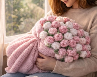 Crochet Rose Blanket, Flower Bouquet Blanket, 2 in 1 Throw, Handmade Round Blanket, Unique Gift for Her, Cozy Home Decor