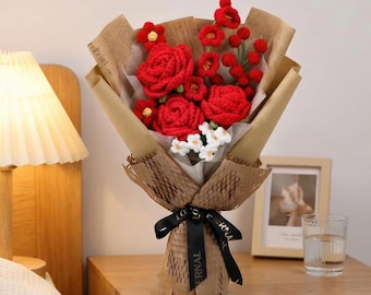 Gehäkelter Rosenstrauß, handgefertigter Garnblumenstrauß, Rosengeschenk für Mama, für immer Blumen, Muttertagsgeschenk, romantisches Wohndekor