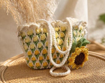 Bolso de ganchillo con diseño de girasol, hecho a mano, estilo bohemio veraniego, bolso de ganchillo floral adorable, bolso pequeño de hombro, regalo para su amiga, bolso de playa.