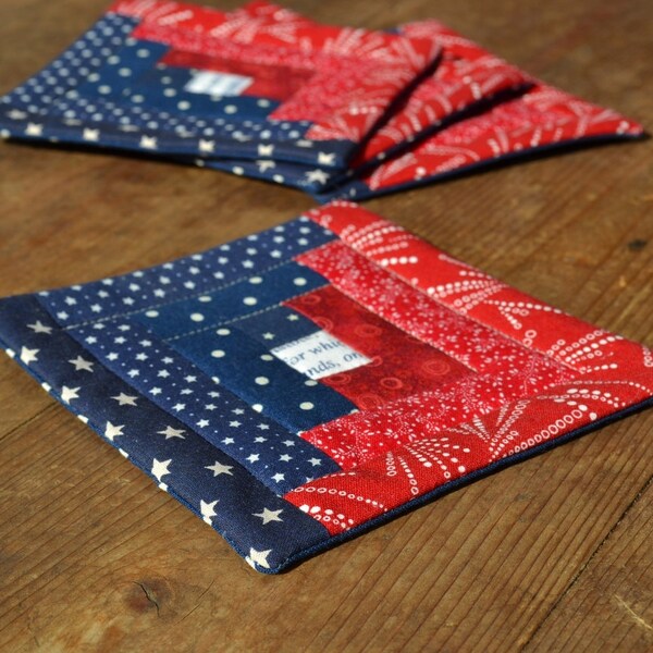 Patriotic Log Cabin Quilted Coasters - 4th of July Mug Rugs - Independance Day - Americana - Blue Red - Pledge of Allegience - Stars