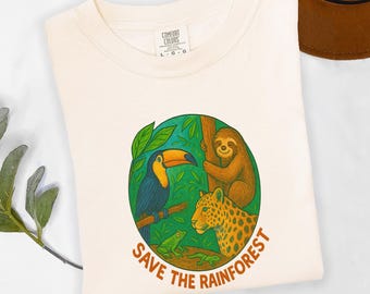 Save The Rainforest Comfort Colors Shirt Nature Conservation Tee Eco Friendly Graphic T-Shirt Jungle Animal Art Sloth Toucan Leopard Tee