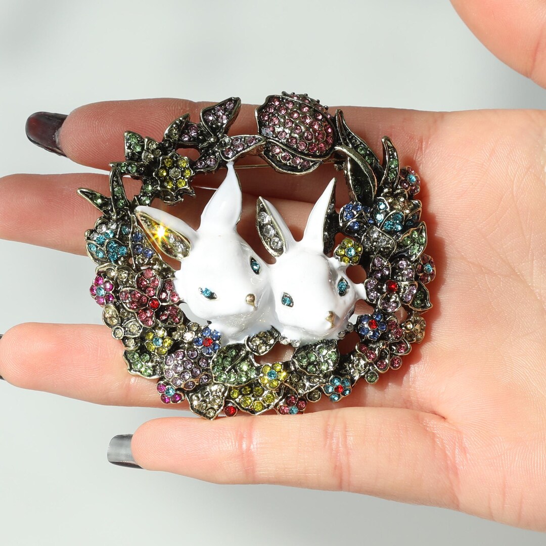 Rabbit Brooch Crystal Bunny Wreath Pin - Etsy