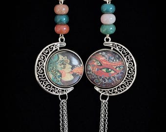 Dwustronny wisiorek artystyczny z motywem nieba, obracające się księżyce i wisiorki z grafiką Darii Hlazatovej