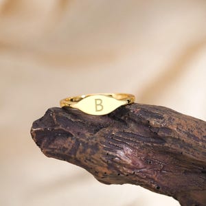 Puede incluir: Un anillo de tono dorado con una cara ovalada lisa grabada con la letra mayúscula B. El anillo tiene un acabado pulido y una banda delgada, presentado sobre un trozo de madera oscura y texturizada con una superficie natural irregular.