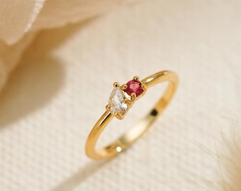 14K Duo Birthstone Ring, Custom Two Birthstone Ring,Dainty Two Birthstone Ring,Family Birthstone Ring, Couples Gift, Birthday Gifts