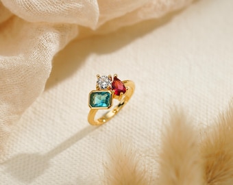 誕生石3個クラスターリング、トリプルストーンリング、繊細な普段使いのジュエリー、母の日、誕生日、家族や友人へのギフト、卒業祝い