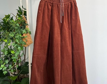 Vintage Corduroy Wide Leg Pants, High Waisted Boho Trousers