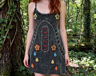 Boho Besticktes Baumwoll Kleid - Vintage Floral, Festival Fashion