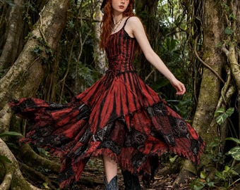 Red Black Tie-Dye Maxi Dress | Cotton Boho Punk Fringe Dress