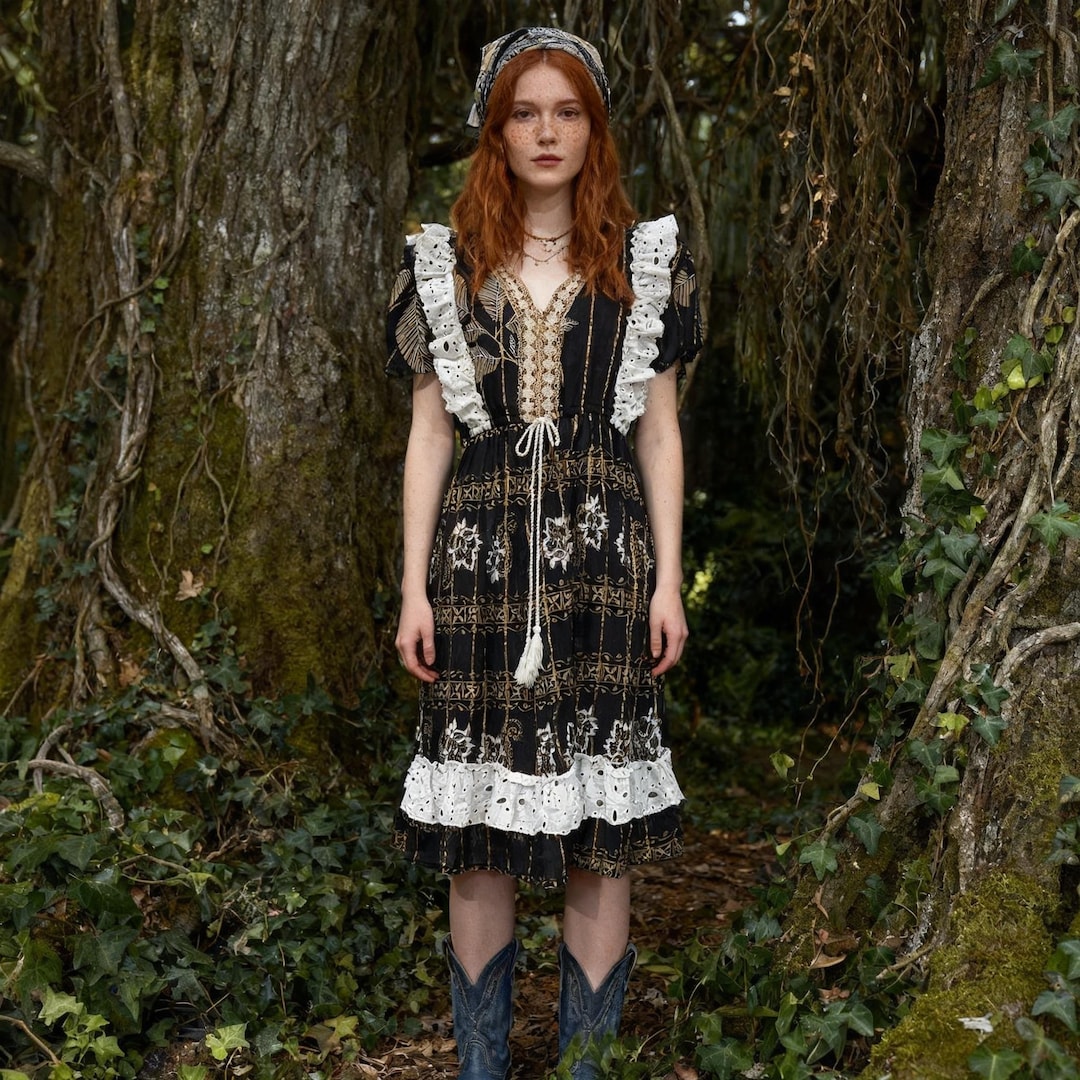 black and gold boho dress Dress, Embroidery, Lace Trim, Smocked Waist Cotton while the intricate detailing