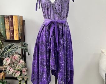 Handmade Boho Dress with Sun and Moon Print - Adjustable Maxi Dress - 100% Cotton Vintage Style Women's Summer Dress with Asymmetrical Hem