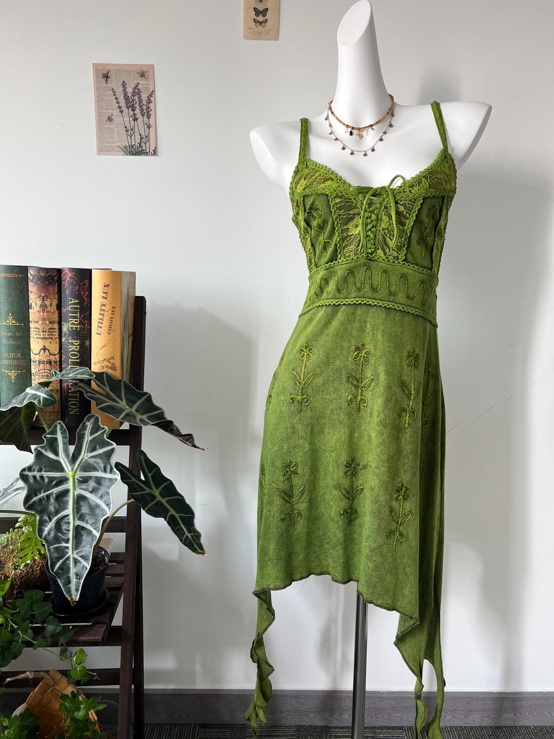 artisanal green maxi dress Handmade Green Boho Maxi Dress with Embroidery & Fringe, Nature-Inspired Asymmetrical Dress
