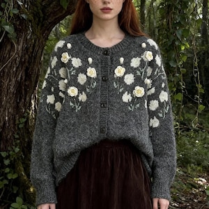 Hand-Embroidered Floral Cardigan | Cozy Recycled Wool Sweater | Botanical Artwear | Unique Eco-Friendly Knitwear