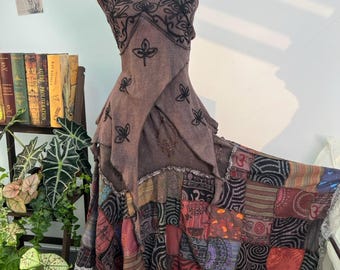 Tweedelige set boho-geborduurde patchwork, elastische taille, kanten rand
