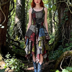 Handgemaakte patchwork boho-jurk, artistieke festivalzonnejurk - verstelbare taille, unieke boho-jurk