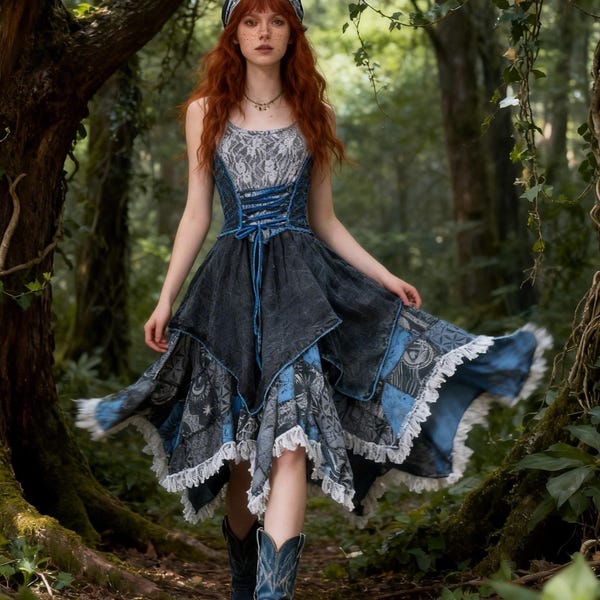 Hand-Dyed Renaissance Dress, Patchwork Lace, Forest Fairy Cottagecore Style