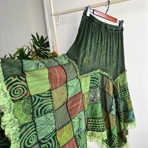 Bohemian Embroidered Patchwork Skirt,Cotton Elastic Waist Maxi Skirt, Vintage  Gypsy  with Lace Trim