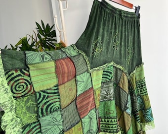 Boho Broderad Patchworkkjol, Bomullsmaxikjol med resår i midjan, Vintage Gypsy med spetskant