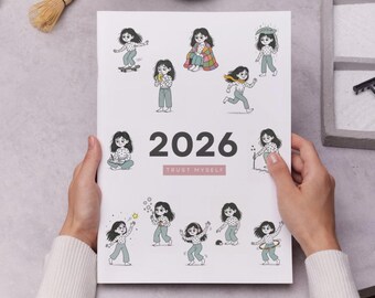 2026 Calendar printable download | A4 & US Letter PDF | Illustrated Monthly Wall Calendar | Cute Minimal Feminine Art | Sol Girl