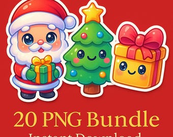 Kawaii Christmas Clipart Bundle | 20 PNG Stickers | Cute Santa Reindeer Snowman | Holiday Clipart | Digital Download | PNG