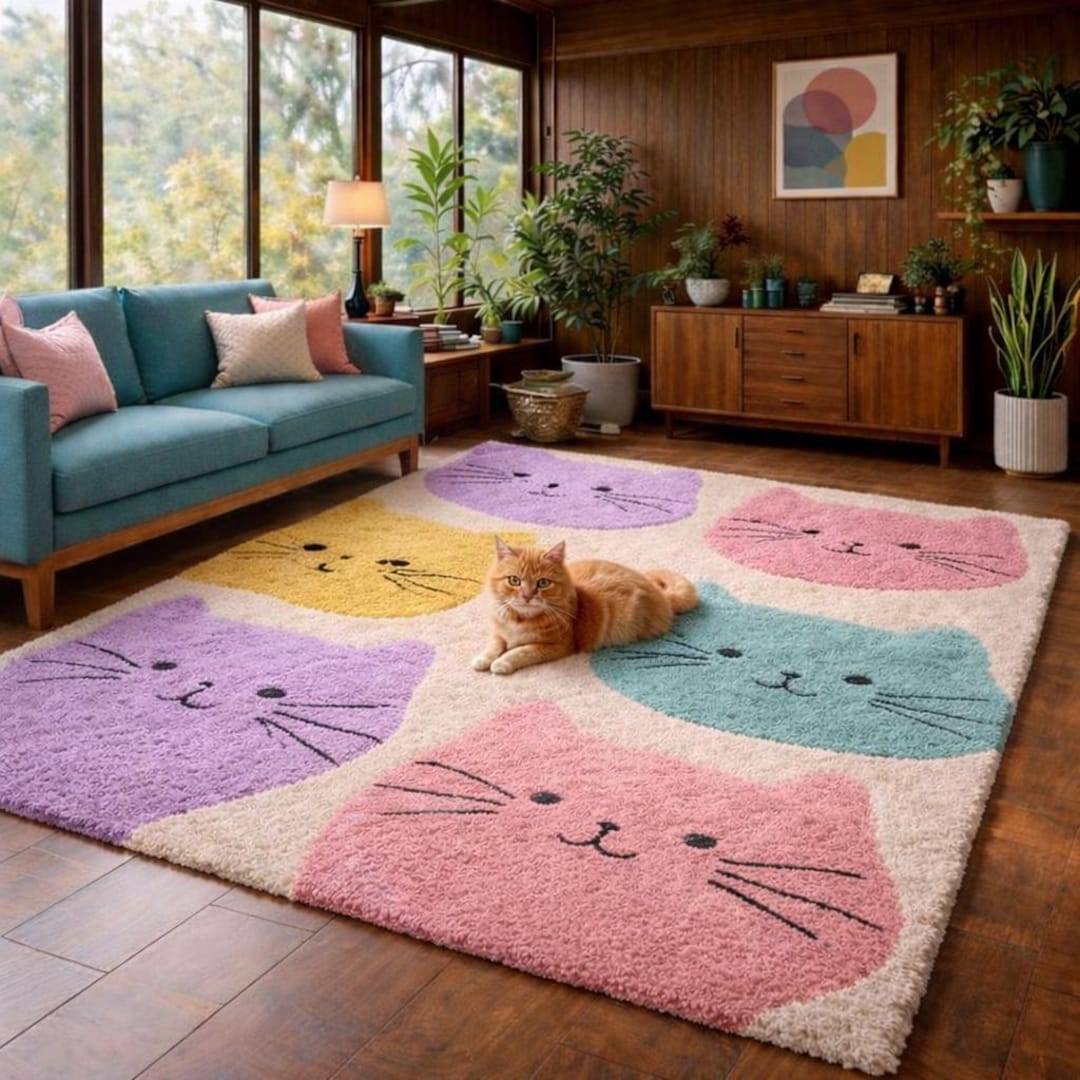 Hand Tufted Cat Area Rug, Cute Pastel Kitten Nursery Carpet, Whimsical ...