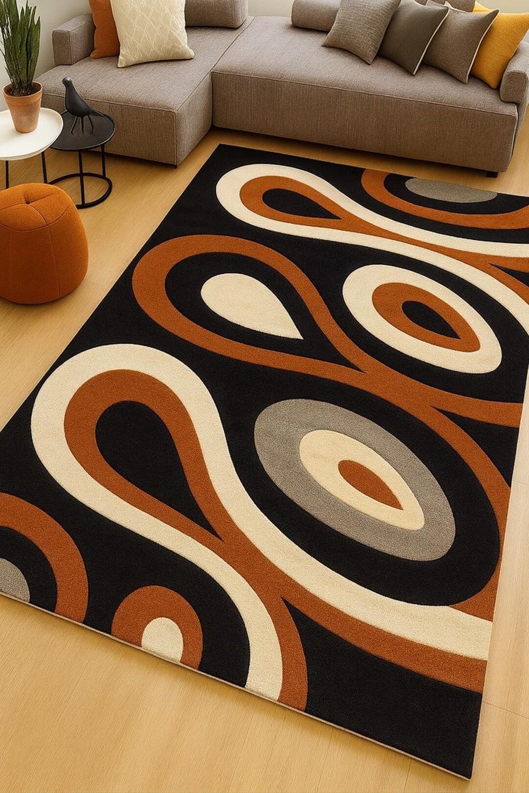Modern Abstract Area Rug, Black Rust Orange Geometric Carpet, Mid ...