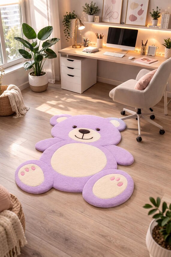 ラベンダーテディベアラグ、かわいい保育園用ラグ、子供部屋用