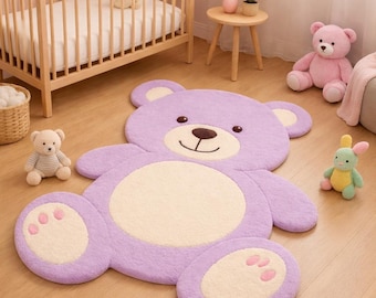 ラベンダーテディベアラグ、かわいい保育園用ラグ、子供部屋用