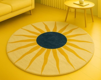 Yellow Sunburst Round Rug | Mid-Century Modern Area Rug