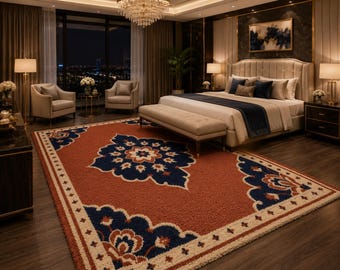 Tappeto di lusso trapuntato fatto a mano, grande tappeto floreale, tappeto in lana blu ruggine, tappeto per soggiorno, tappeto per camera da letto, tappeto su misura, tappeto regalo in lana e cotone