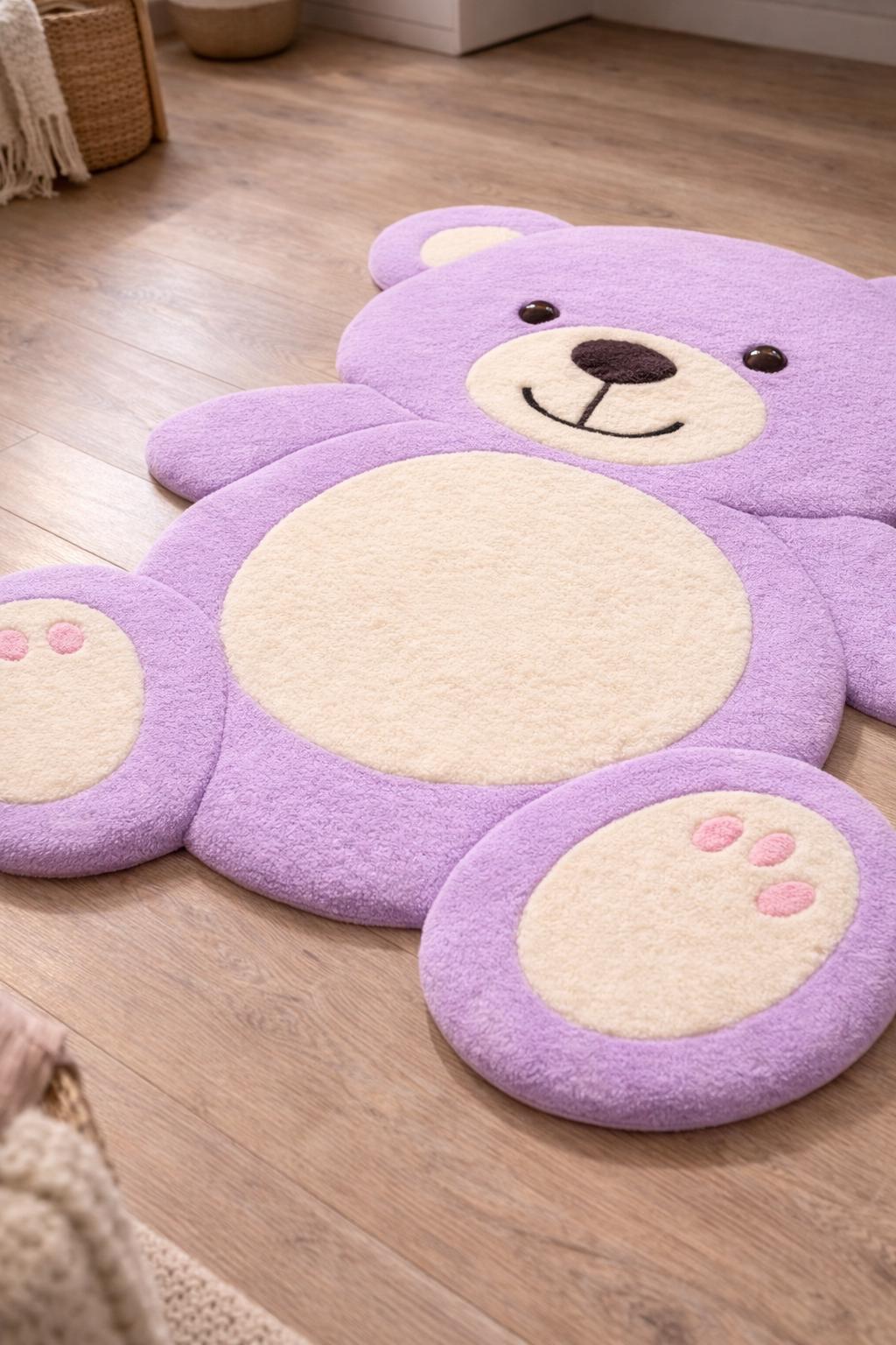 ラベンダーテディベアラグ、かわいい保育園用ラグ、子供部屋用