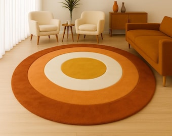 Mid Century Modern Round Rug, Burnt Orange Circle Carpet, Retro Area Rug, Boho Round Carpet, Minimalist Living Room Rug, Scandinavian Floor