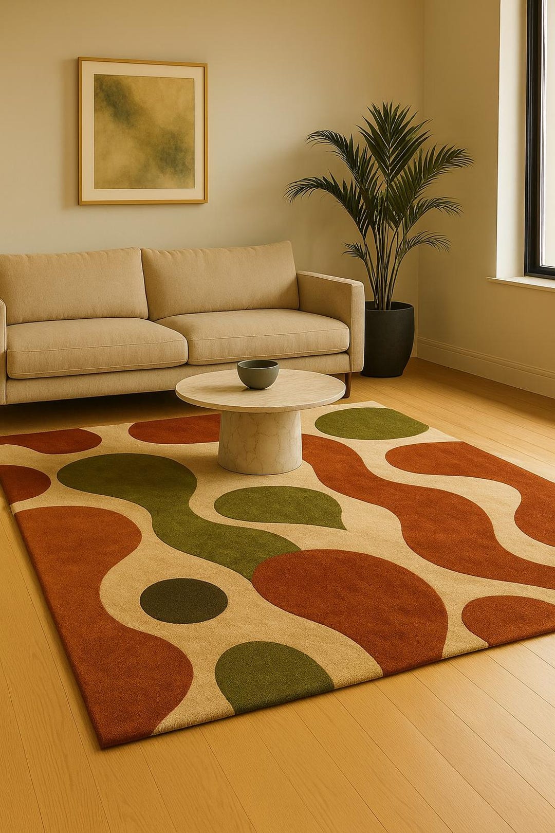 Rust And Olive Rug Retro Wavy Wool Rug | Rust, Olive, Beige Mid-century Modern Design - Etsy